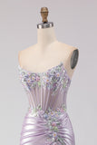 Strapless Mermaid Corset Light Purple Beaded Long Prom Dress with Slit