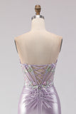 Strapless Mermaid Corset Light Purple Beaded Long Prom Dress with Slit