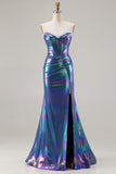 Metallic Navy Mermaid Strapless Corset Long Prom Dress with Slit