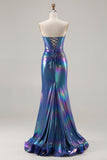 Metallic Navy Mermaid Strapless Corset Long Prom Dress with Slit