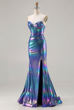 Metallic Navy Mermaid Strapless Corset Long Prom Dress with Slit