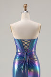 Metallic Navy Mermaid Strapless Corset Long Prom Dress with Slit