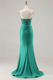 Dark Green Strapless Mermaid Sequins Corset Long Prom Dress with Slit