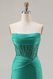 Dark Green Strapless Mermaid Sequins Corset Long Prom Dress with Slit