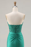 Dark Green Strapless Mermaid Sequins Corset Long Prom Dress with Slit