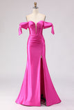 Fuchsia Mermaid Off The Shoulder Corset Beaded Long Prom Dress with Slit