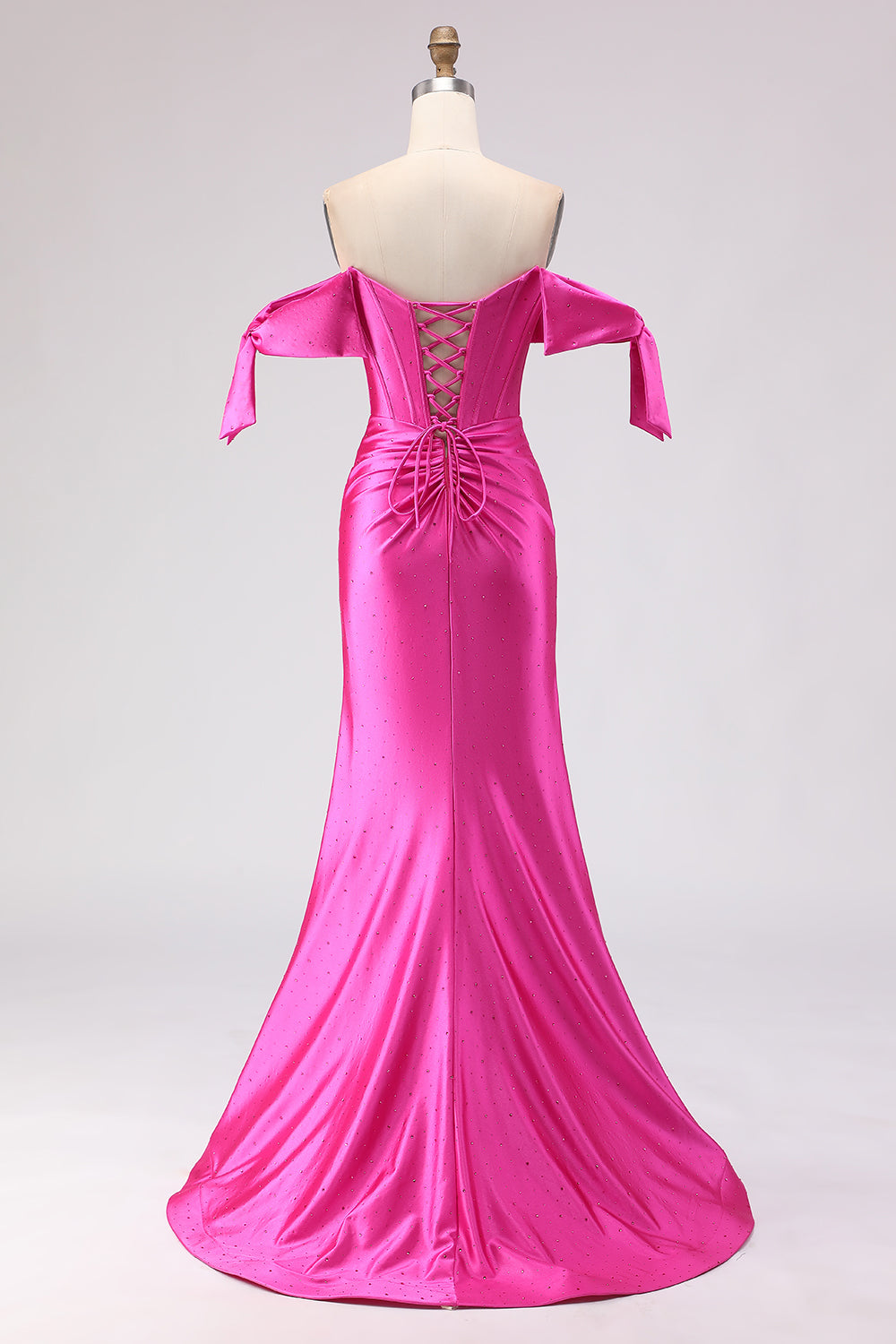 Zapaka Women Fuchsia Long Prom Dress with Slit Off The Shoulder Mermaid Beaded Corset Satin Formal Dress with Lace Up Back ZAPAKA Zapaka Women Fuchsia Long Prom Dress with Slit Off The Shoulder Mermaid Beaded Corset Satin Formal Dress with Lace Up Back ZAPAKA