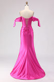 Fuchsia Mermaid Off The Shoulder Corset Beaded Long Prom Dress with Slit