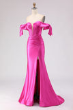 Fuchsia Mermaid Off The Shoulder Corset Beaded Long Prom Dress with Slit
