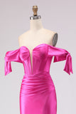 Fuchsia Mermaid Off The Shoulder Corset Beaded Long Prom Dress with Slit