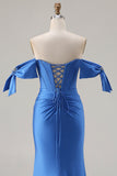 Off The Shoulder Royal Blue Mermaid Corset Satin Long Prom Dress with Slit