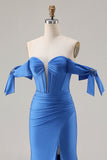 Off The Shoulder Royal Blue Mermaid Corset Satin Long Prom Dress with Slit