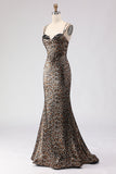 Khaki Leopard Mermaid Corset Long Prom Dress with Lace Up Back