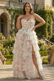 Pink Floral Sweetheart Corset A-Line Tiered Plus Size Long Prom Dress with Slit