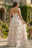 Pink Floral Sweetheart Corset Tiered A-Line Long Prom Dress with Slit