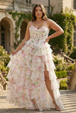 Pink Floral Sweetheart Corset Tiered A-Line Long Prom Dress with Slit
