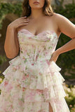 Pink Floral Sweetheart Corset A-Line Tiered Plus Size Long Prom Dress with Slit