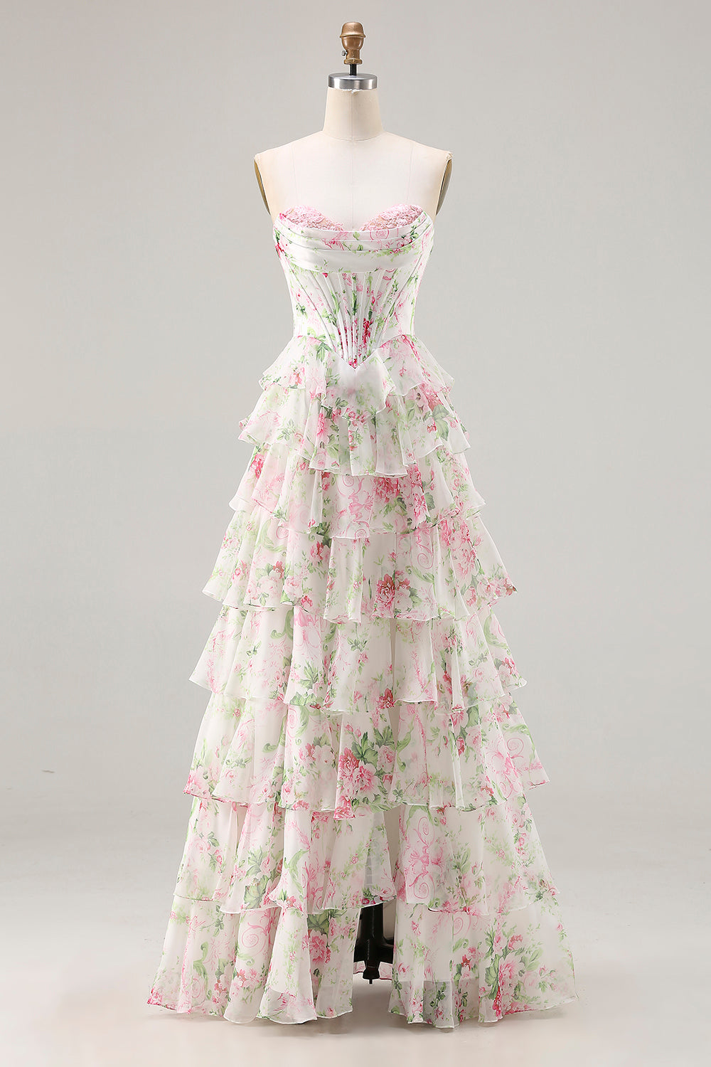 Zapaka Women Pink Floral Long Prom Dress with Slit Sweetheart Tiered A-Line Corset Print Lace Up Back Party Dress with Ruffles, Pink / US16W Zapaka Women Pink Floral Long Prom Dress with Slit Sweetheart Tiered A-Line Corset Print Lace Up Back Party Dress with Ruffles, Pink / US16W