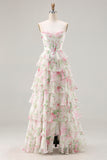 Pink Floral Sweetheart Corset Tiered A-Line Long Prom Dress with Slit