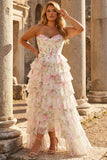 Pink Floral Sweetheart Corset Tiered A-Line Long Prom Dress with Slit