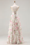 Pink Floral Sweetheart Corset Tiered A-Line Long Prom Dress with Slit