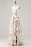 Pink Floral Sweetheart Corset Tiered A-Line Long Prom Dress with Slit