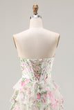 Pink Floral Sweetheart Corset Tiered A-Line Long Prom Dress with Slit