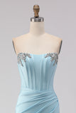 Sky Blue Strapless Beaded Mermaid Corset Long Prom Dress with Slit