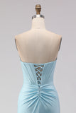 Sky Blue Strapless Beaded Mermaid Corset Long Prom Dress with Slit