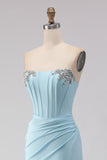 Sky Blue Strapless Beaded Mermaid Corset Long Prom Dress with Slit