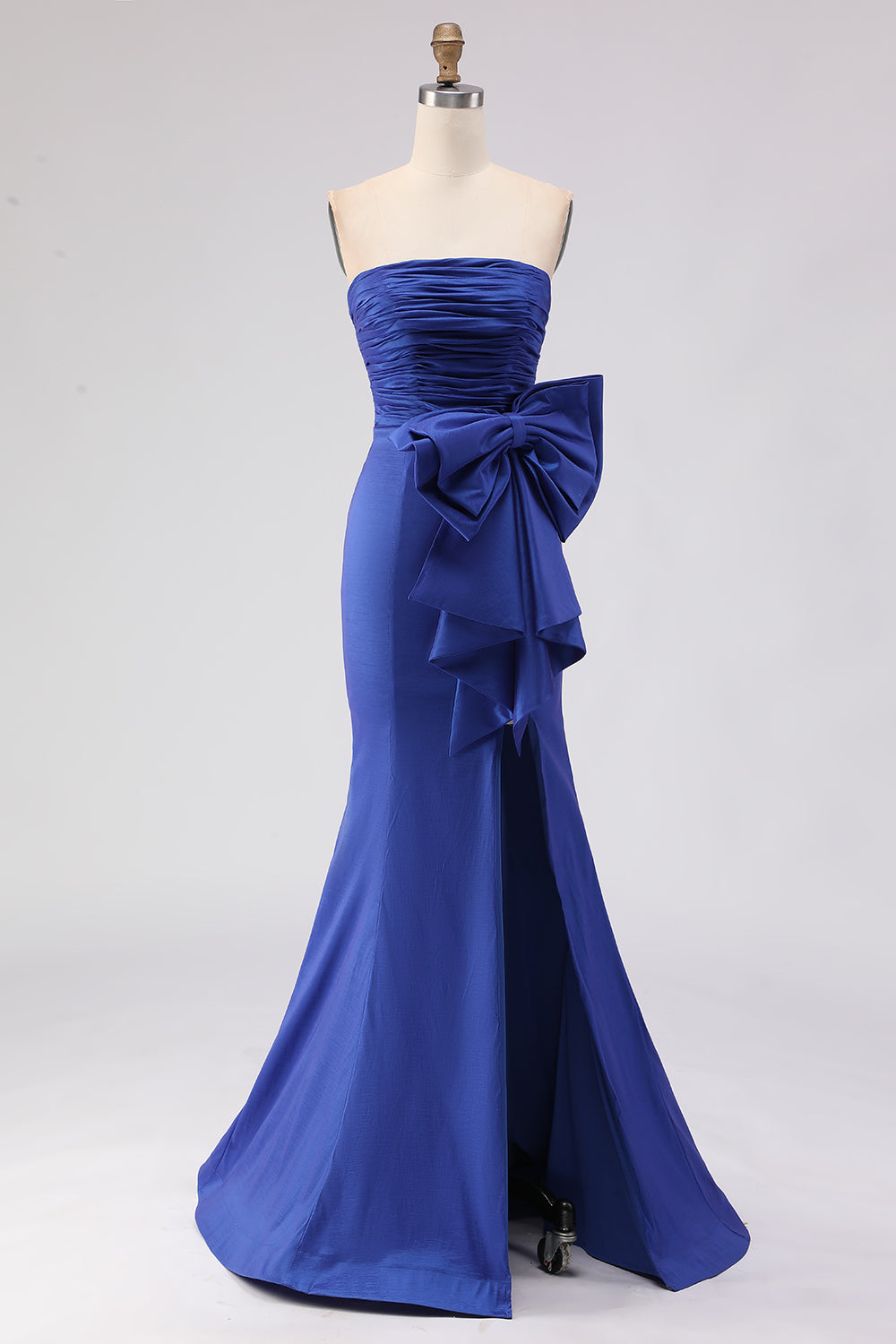 Zapaka Women Royal Blue Long Prom Dress with Large Bow Mermaid Strapless Ruched Satin Formal Dress with Slit, Royal Blue / US26W Zapaka Women Royal Blue Long Prom Dress with Large Bow Mermaid Strapless Ruched Satin Formal Dress with Slit, Royal Blue / US26W