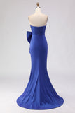 Strapless Royal Blue Mermaid Ruched Side Slit Long Prom Dress with Large Bow