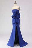Strapless Royal Blue Mermaid Ruched Side Slit Long Prom Dress with Large Bow