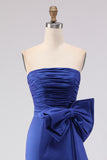 Strapless Royal Blue Mermaid Ruched Side Slit Long Prom Dress with Large Bow