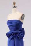 Strapless Royal Blue Mermaid Ruched Side Slit Long Prom Dress with Large Bow