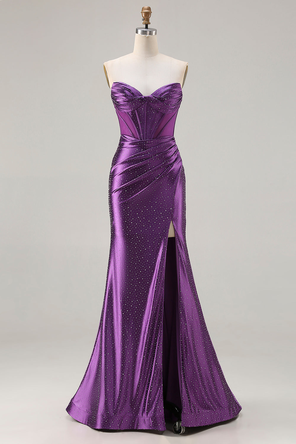 Zapaka Women Dark Purple Long Prom Dress with Slit Mermaid Strapless Corset Beaded Satin Party Dress with Lace Up Back ZAPAKA Zapaka Women Dark Purple Long Prom Dress with Slit Mermaid Strapless Corset Beaded Satin Party Dress with Lace Up Back ZAPAKA