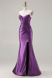 Dark Purple Mermaid Beaded Strapless Corset Long Prom Dress with Slit