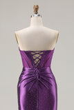 Dark Purple Mermaid Beaded Strapless Corset Long Prom Dress with Slit