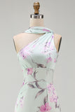Green Flower One Shoulder Mermaid Satin Long Bridesmaid Dress