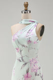 Green Flower One Shoulder Mermaid Satin Long Bridesmaid Dress