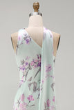 Green Flower One Shoulder Mermaid Satin Long Bridesmaid Dress