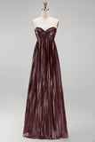 Coffee A-Line Sweetheart Metallic Pleated Ruched Long Prom Dress