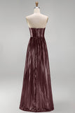 Coffee A-Line Sweetheart Metallic Pleated Ruched Long Prom Dress