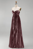Coffee A-Line Sweetheart Metallic Pleated Ruched Long Prom Dress