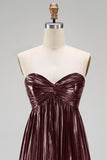 Coffee A-Line Sweetheart Metallic Pleated Ruched Long Prom Dress
