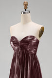 Coffee A-Line Sweetheart Metallic Pleated Ruched Long Prom Dress