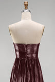 Coffee A-Line Sweetheart Metallic Pleated Ruched Long Prom Dress