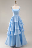 Blush A-Line Spaghetti Straps Long Prom Dress with Ruffles
