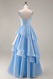 Blush A-Line Spaghetti Straps Long Prom Dress with Ruffles