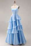 Blush A-Line Spaghetti Straps Long Prom Dress with Ruffles